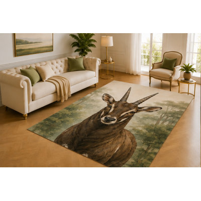 "Ultra Lightweight" 5'x7'  Sable Antelope Rug, Majestic Horned Wildlife in Misty Woodland Art, Smooth Printed Floor Cover for Living Room, Bedroom, Office and Safari Decor