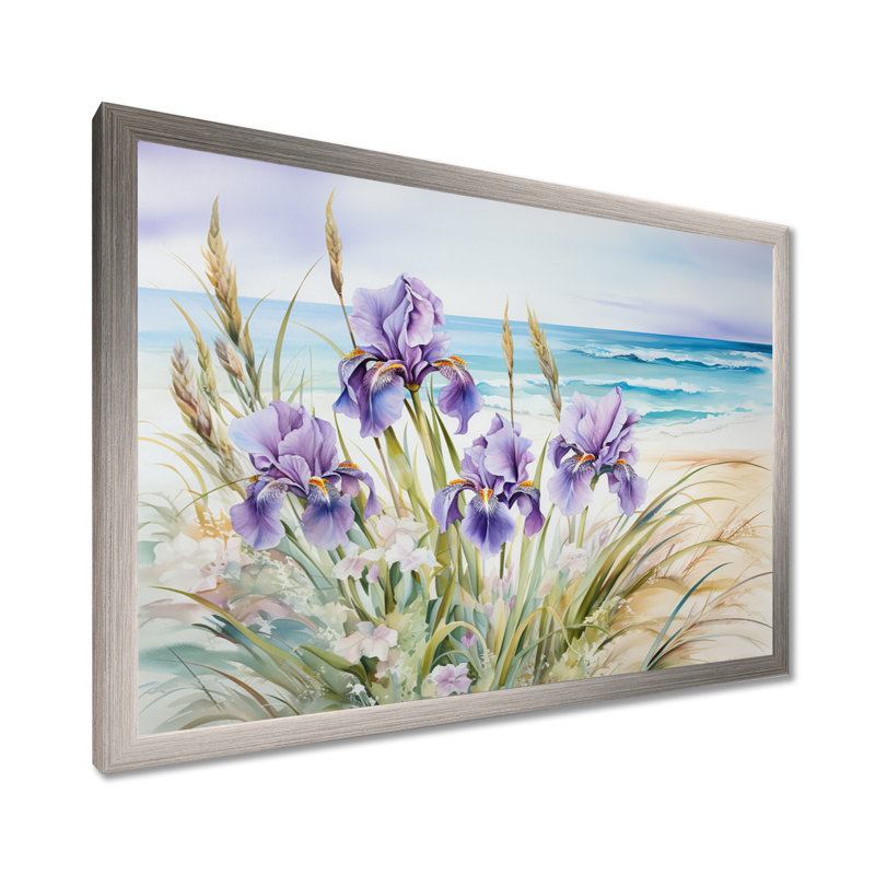 «Mauve iris sur la plage II», reproduction d'art sur toile, H 12 po x l 20 po x P 1 po, Cadre simple argenté