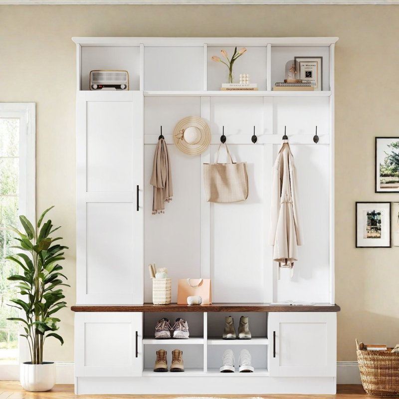 3-in-1 Hall Tree With 6 Hooks, Bench, Left Cabinet With Adjustable Shelves And Open Compartments, White