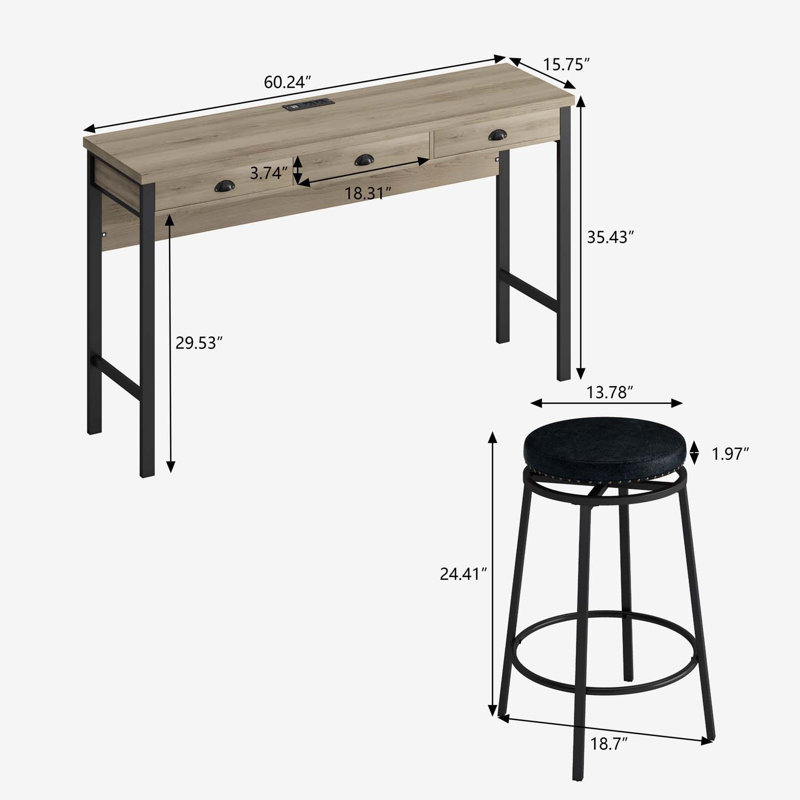 Long Dining Table Set With Power Outlets, Bar Kitchen Table Set With Circular Stools, Easy Assemble, Brown Gray Table+black Stool