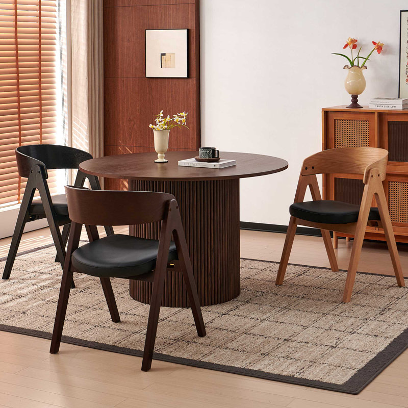 Faux Leather Dining Room Chairs with Solid Rubber Wood Frame, Set of 4, Black Seat, Walnut Color Frame, Dark Brown Wood