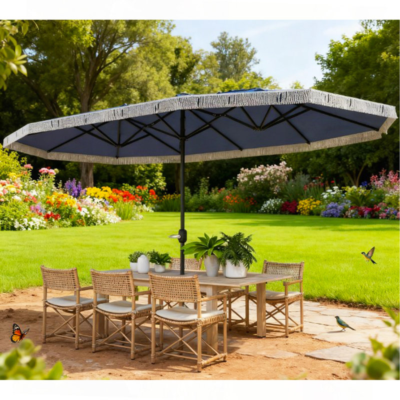 Parasol d'extérieur spacieux, très grand, rectangulaire, avec frange et manivelle, Bleu très foncé