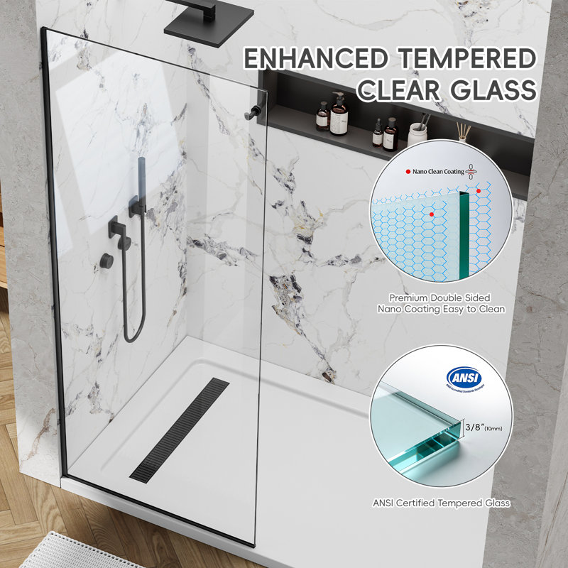Yttsoyts 32 In. X 76 In. Fixed Shower Glass Panel, 3/8 In. Thick F rameless Shower Screen Clear Sgcc Tempered Glass, Aluminum Glass Shower Door With Hook, Double Sided Nano Coating, Matte Black