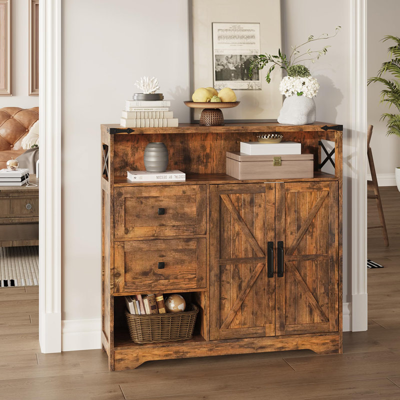 Farmhouse Storage Cabinet With Drawers And Open Storage, Brown