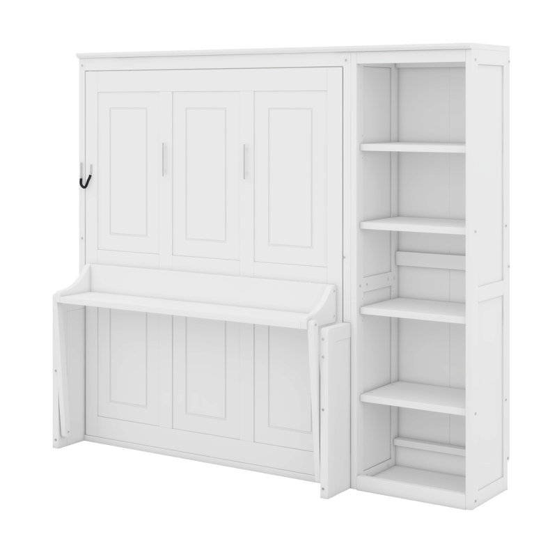 Lit escamotable double avec bureau et bibliothèque, Blanc