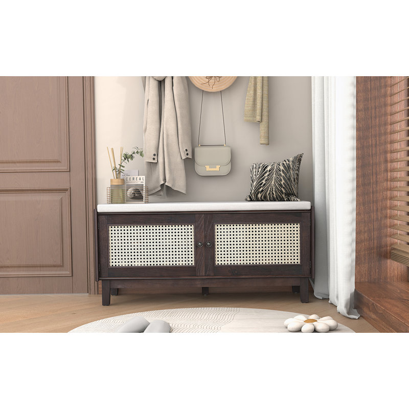 Banc d'entrée en rotin avec rangement Boho, Beige/Espresso