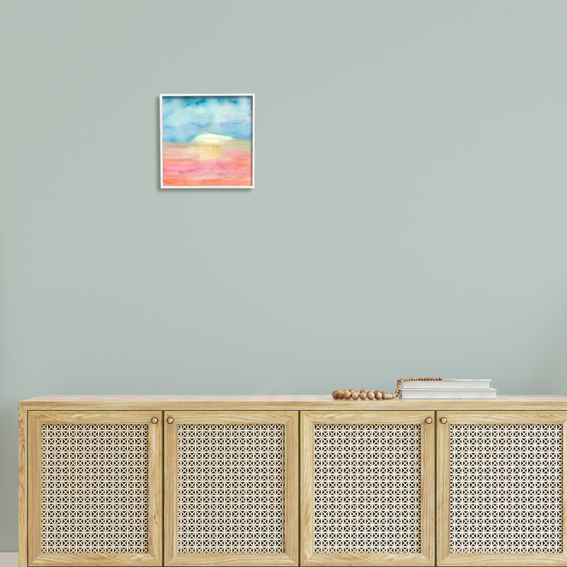 Abstrait aquarelle paysage soleil, H 12 po x l 12 po x P 1,5 po, Giclée encadrée blanc bord de mer