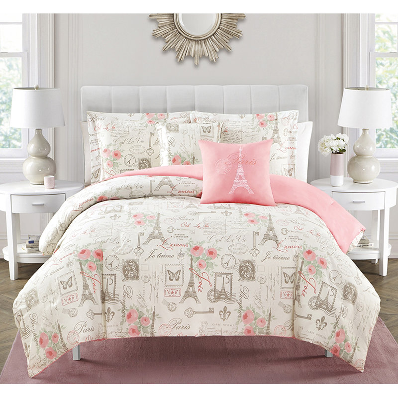 Full Pink Microfiber Reversible Parisian Comforter Set