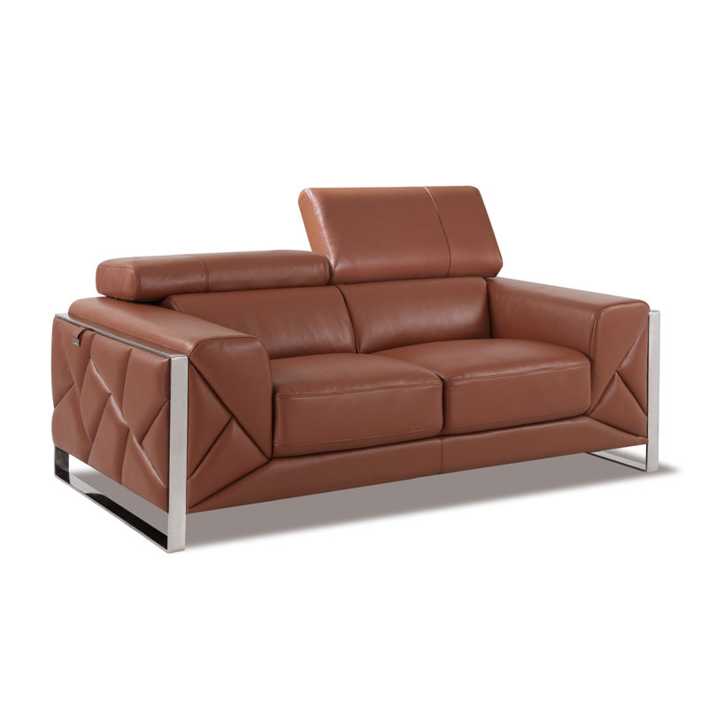 Causeuse en cuir véritable Camel avec appuis-tête réglables, Chameau