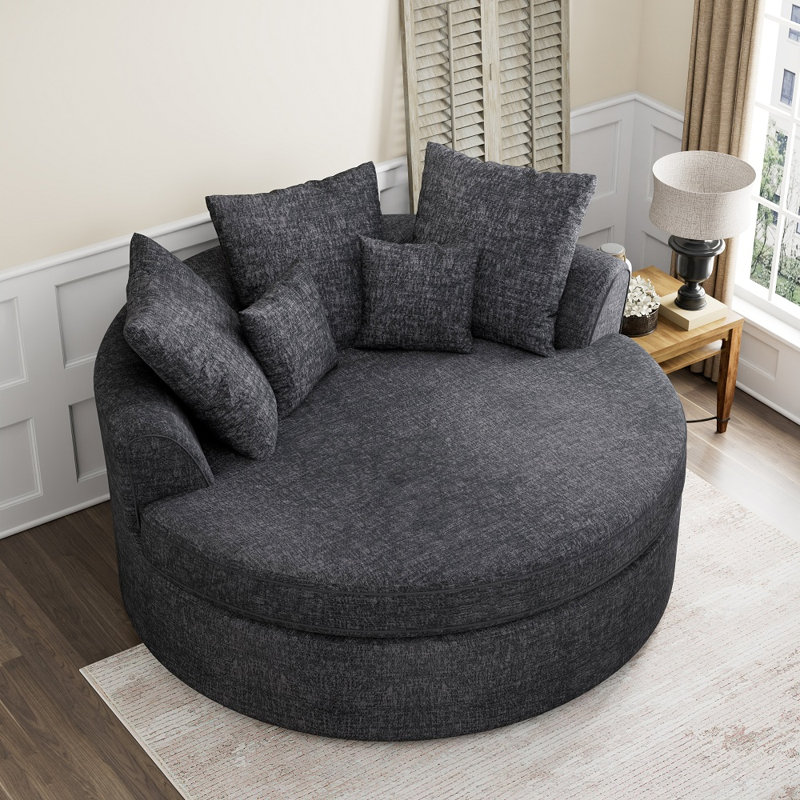 61"W Chenille Barrel Chair With Pillows Upholstered Round Sofa, Gray