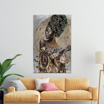 Elegant African Woman Art Fashion Poster - Printed Canvas Artwork,1P WhiteFramedCanvas