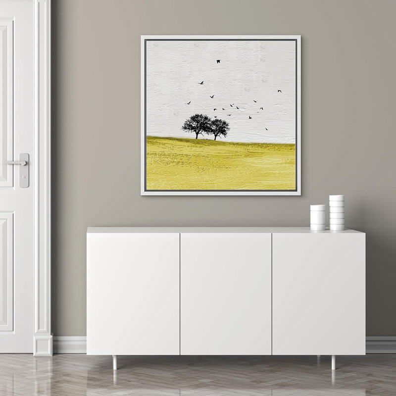«Birds Fly Over Yellow Field with Trees Animals» par WildLife, reproduction d'art moderne sur toile, Blanc, H 24 po x l 24 po