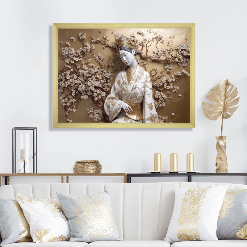 Statue de femme japonaise sur toile, impression, Cadre doré simple, H 30 po x l 40 po x P 1,5 po