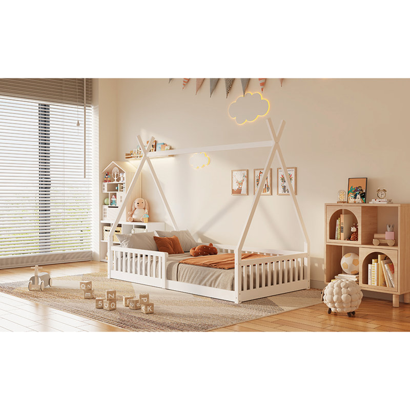 Twin Size Wood House Bed With White Fencing - Strong And For Bedroom Pine Guardrail A Safe Space, White