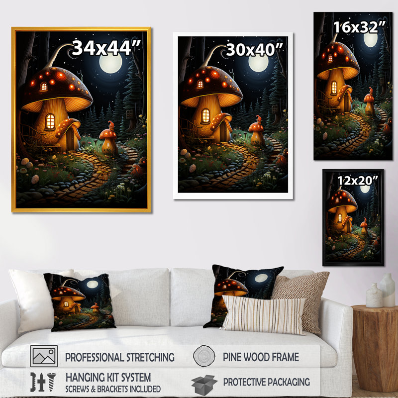Mushroom Fantasy Landscape - Art mural paysage, Cadre flottant brun, H 20 po x l 12 po