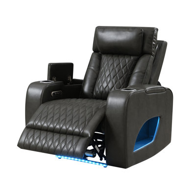 Taddeo Dark Grey Faux Leather Power Motion Recliner with Power Headrest, USB Port, Wireless Charger and LED Lighting