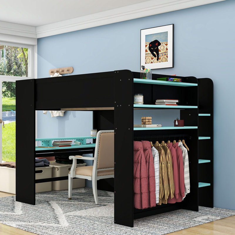 Lit mezzanine double en bois avec bande lumineuse, bureau, port USB et grand espace de rangement, Bleu