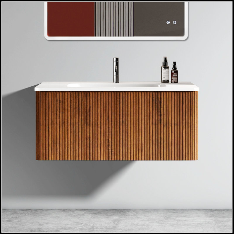 Meuble-lavabo flottant mural 36 po avec lavabo en céramique à fixation murale 36 po, Noyer, 36"