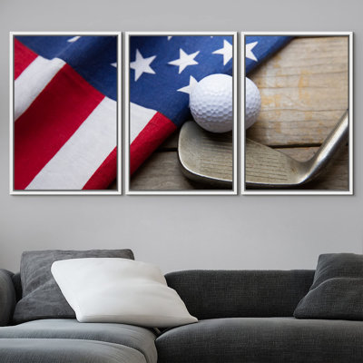 «Golf Ball & Club with American Flag Sports Athletes», réalisme, images contemporaines, impression numérique sur toile, impression numérique sur toile