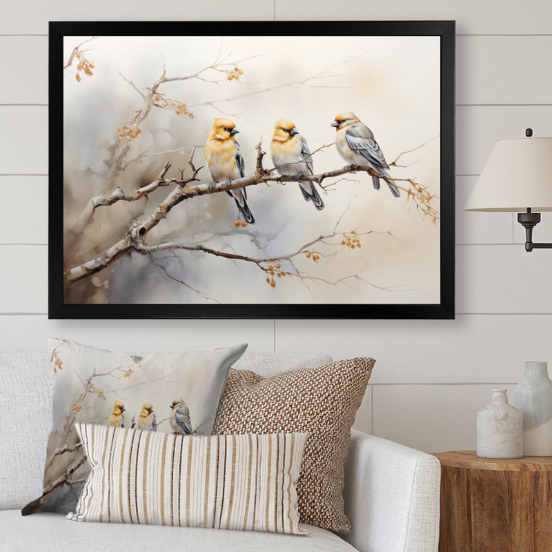 «Bird Silent Watcher VI» - art mural oiseau, H 12 po x l 20 po x P 1 po, Cadre simple noir