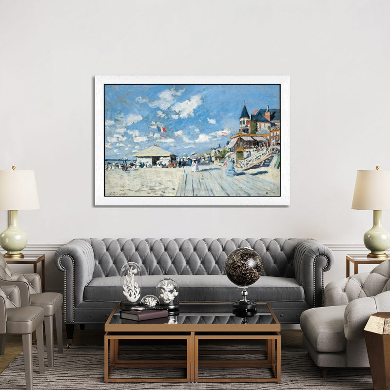 On The Beach At Trouville, 1870 by Claude Monet - Floater Frame Painting on Canvas, White Framed, 66.04 cm H x 45.72 cm W