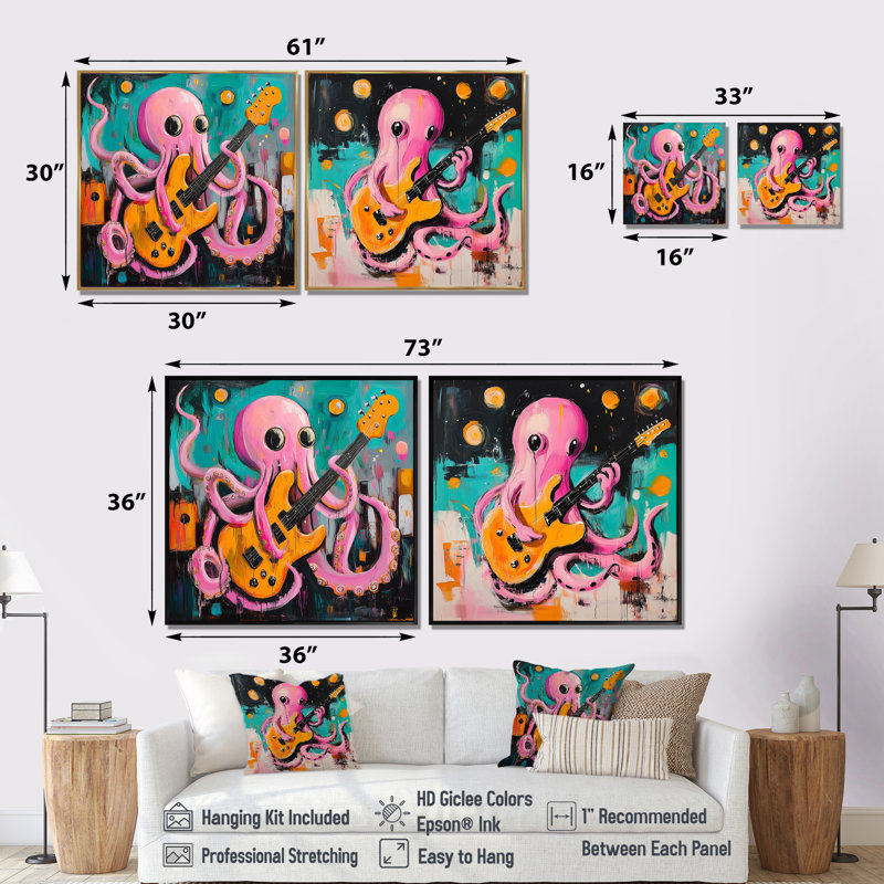 Pépinière rose jouant de la guitare I - pieuvre / calmar, art mural moderne, ensemble de 2 décorations murales, Blanc