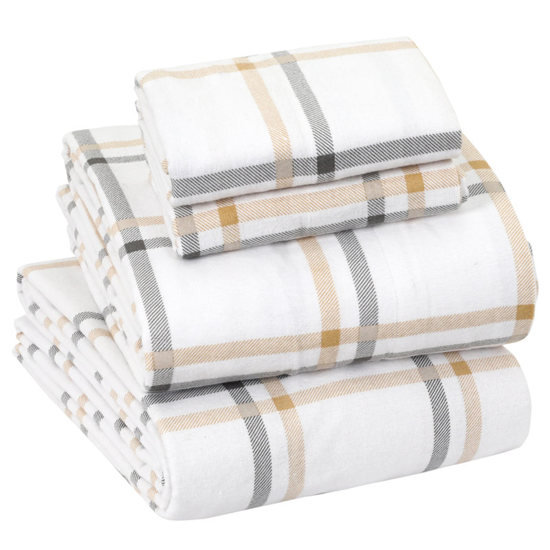 Colyt 100% Cotton Flannel Sheet Set, Full Sheet Case Pack+Fitted Sheet + 2 Pillowcase, Ecru Checks