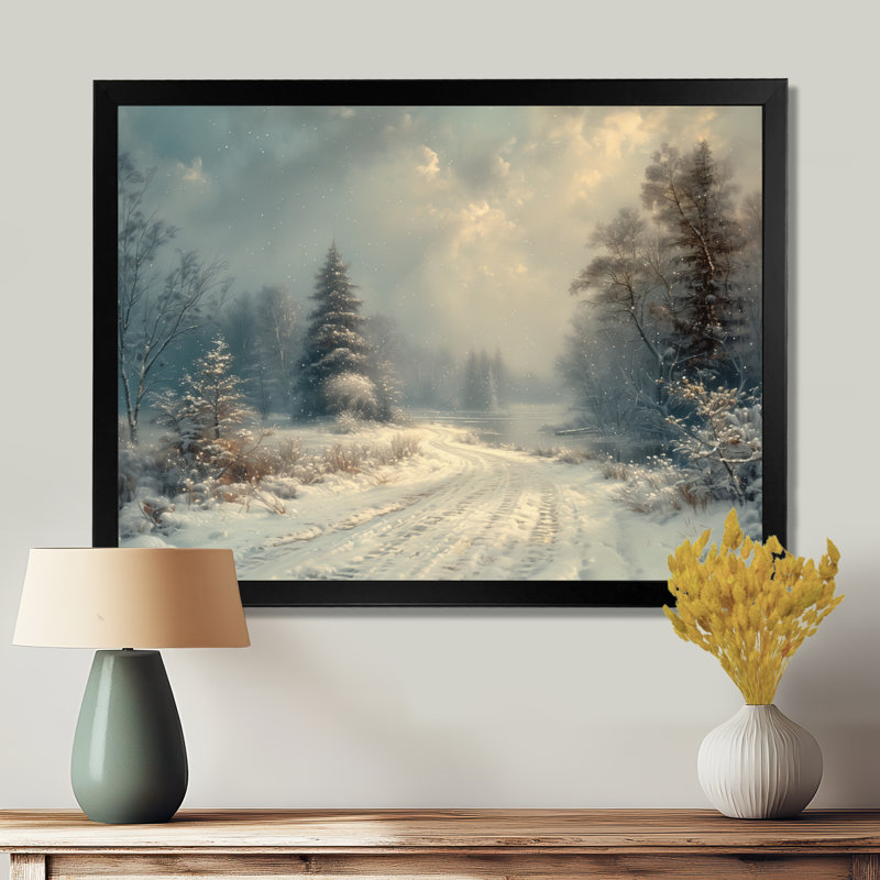 «White Grey Winter route into forest III - Winter Landscape», art mural sur toile, H 24 po x l 32 po, Cadre simple noir