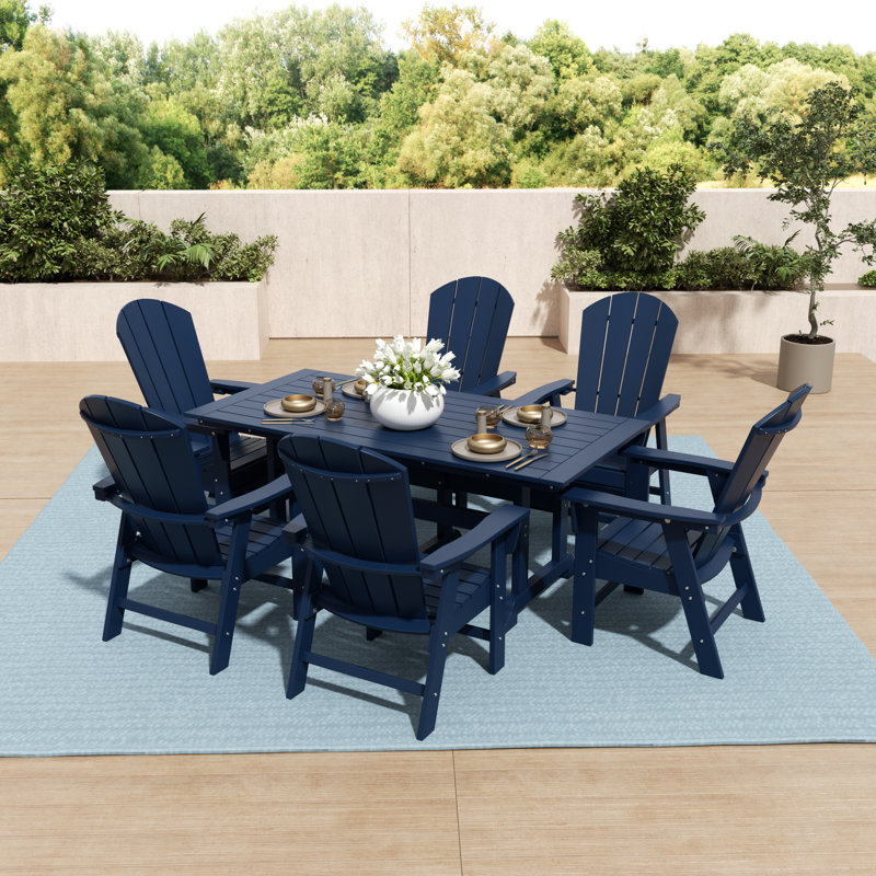 Aleera 7-Piece Plastic Dining Set with Umbrella Hole, Navy Blue
