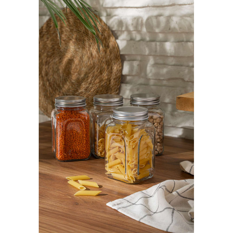Ensemble de pots en verre de qualité supérieure 4 pièces avec couvercles argentés, 3,4 x 3,4 x 5,5 pouces | Capacité de 22,3 oz liq. 100% lavable au lave-vaisselle | Idéal pour le rangement dans la cuisine, l'organisation du garde-manger et la décoration intérieure | Conception élégante et durable
