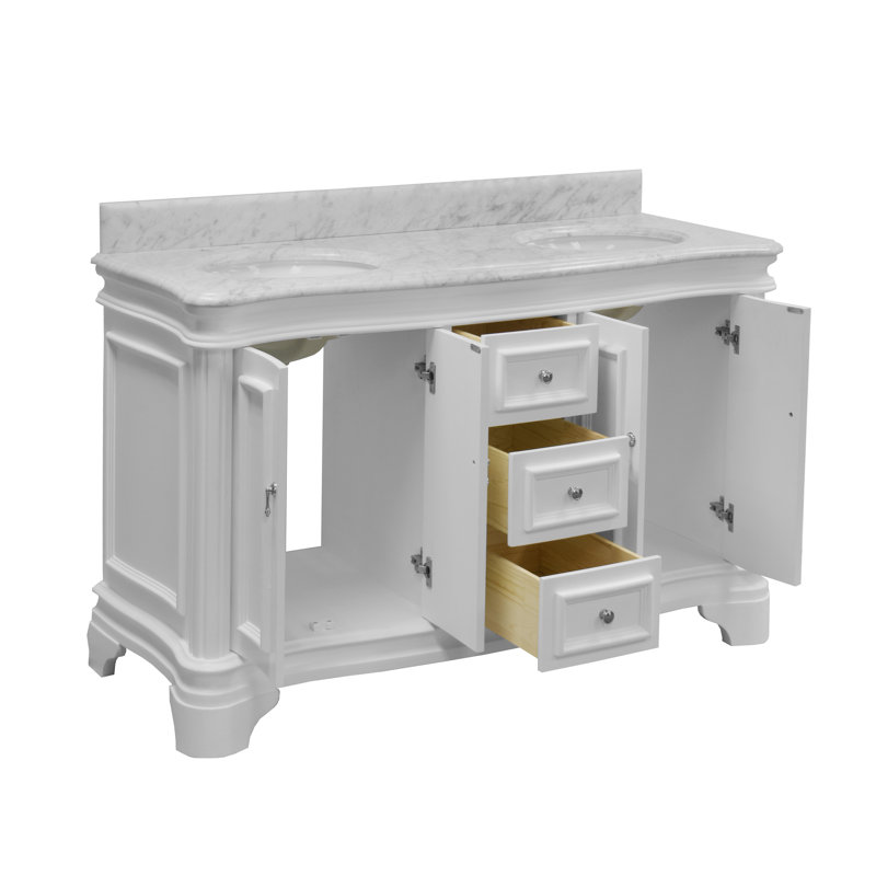 Ensemble de meuble-lavabo double 60 po Twain, Blanc, Marbre de Carrare
