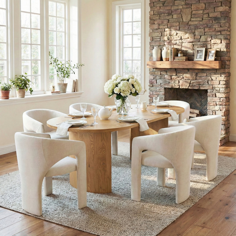 7 Piece Modern Dining Set With 79" Oak Oval Pedestal Table & 6 Sculptural Wide-Seat Arm Chairs, Beige