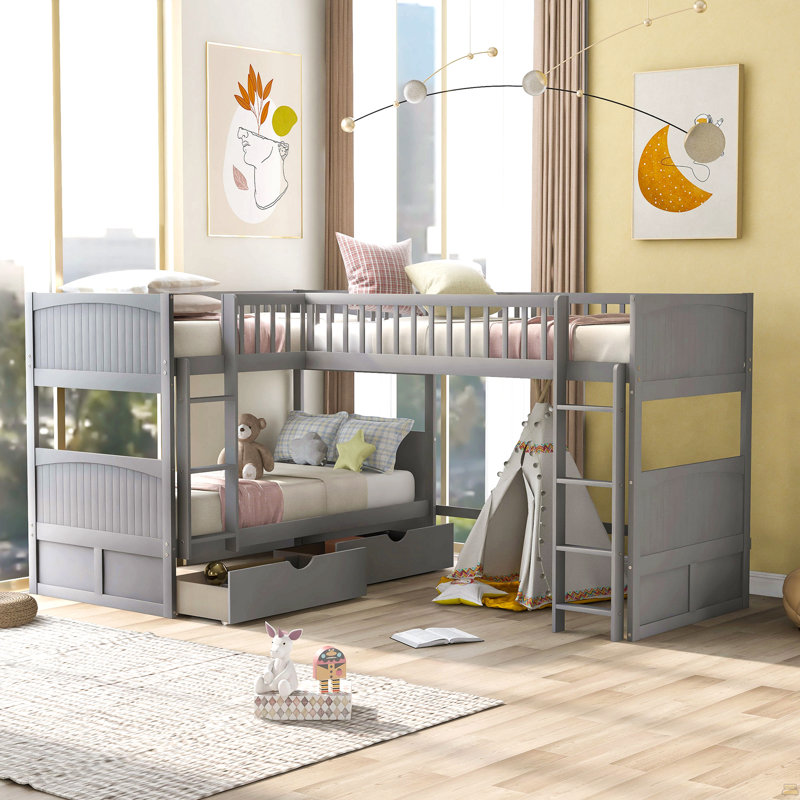 Lit simple superposé avec lit mezzanine attaché et deux tiroirs, Gris
