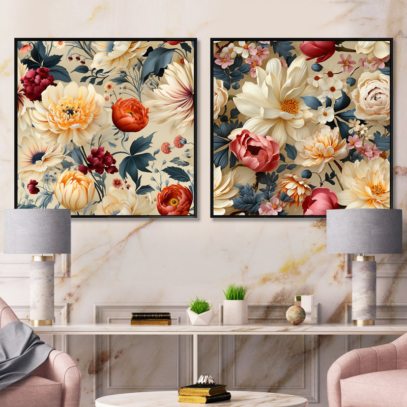Ensemble de 2 pivoines éclectiques beiges et roses, Cadre flottant noir, H 16 po x l 33 po