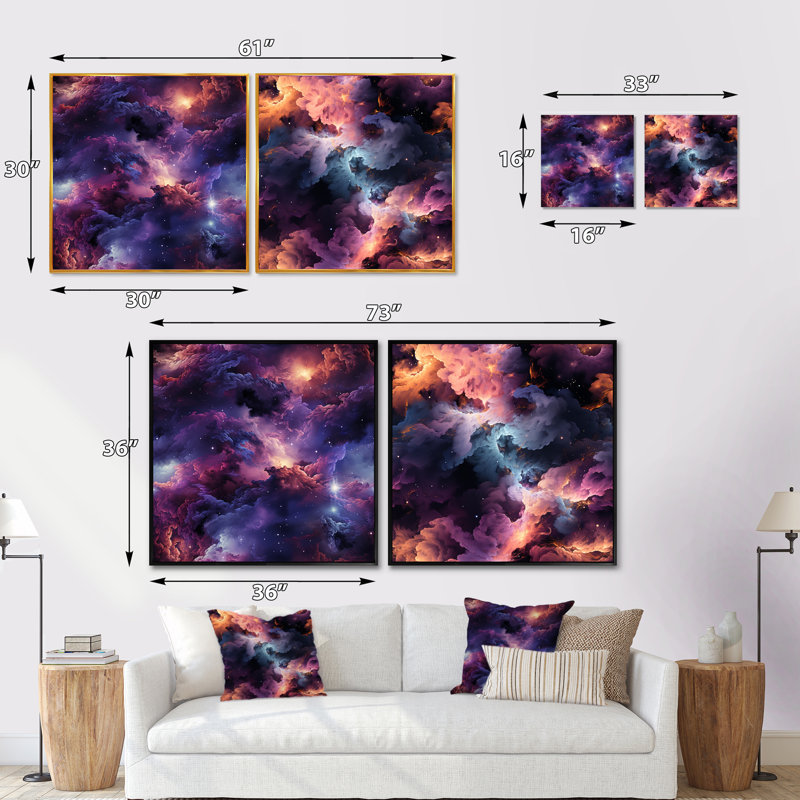 «Enchanted Nebula Moody» - Ensemble de 2 collages carrés abstraits, Cadre flottant doré, H 36 po x l 73 po