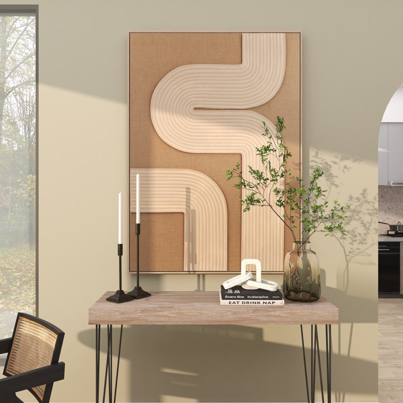 The Novogratz Canvas Textured Abstract Living Room Framed Wall Art with Tan Ribbed Curve Shapes