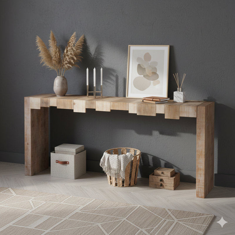 Console moderne de style rustique mesurant 71 pouces, avec un motif en bloc sculpté. Une table de canapé étroite idéale pour les couloirs, les salons ou les vestibules.