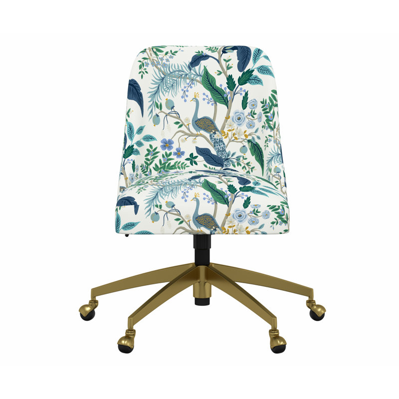 Chaise de bureau Brynn, Bleu paon et lin blanc RPC, Doré