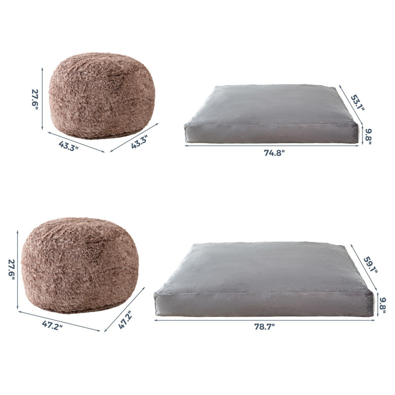 Giant Bean Bag Chair Bed, Brown Velvet, 27.6" H x 47.2" W x 47.2" D