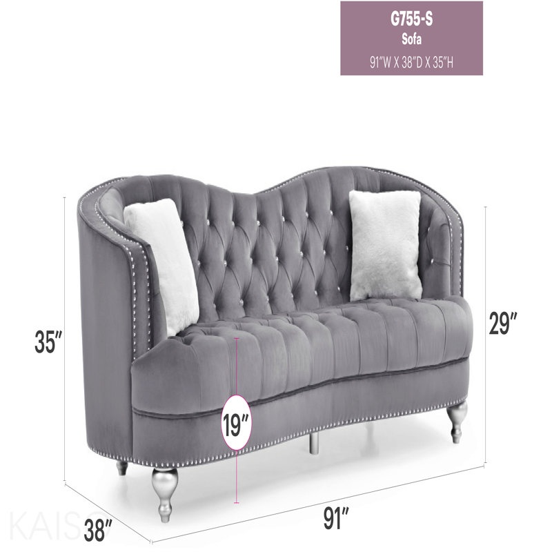 Canapé, gris, H 35 po x l 90 po x P 37 po