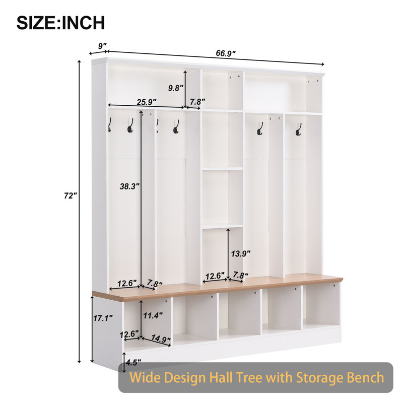 Hall Tree 66.9'' Wide with Bench, White
