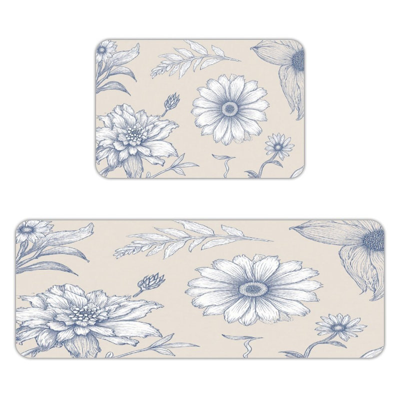 Blue Floral Pattern, Kitchen Mats Set Of 2, Blue/Beige Floral