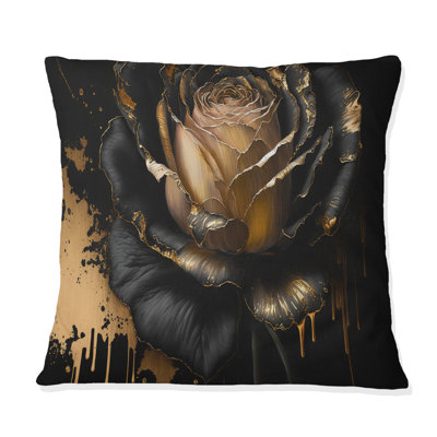 Black And Gold Rose II - Floral Printed Throw Pillow