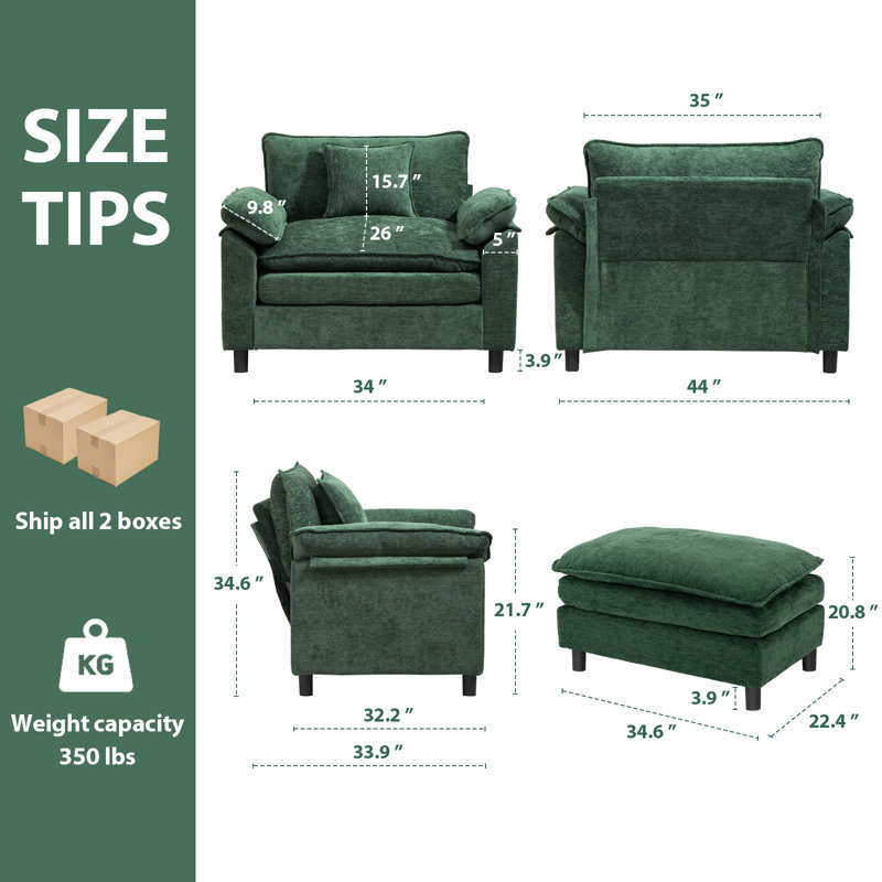 Fauteuil d'appoint surdimensionné en chenille avec repose-pieds, Chenille verte
