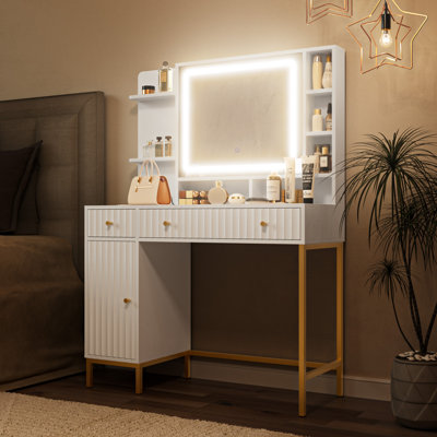 Makeup Vanity With Lights, Vanity Desk With Mirror And Power Outlet