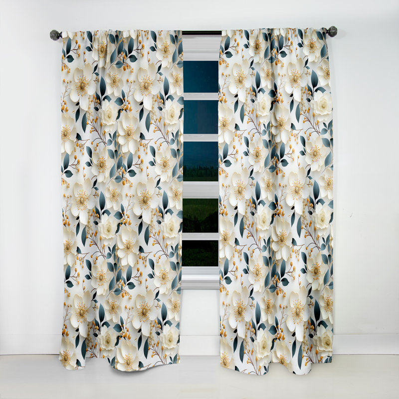 Blanc coquelicots minimaliste floral Elegance III - panneaux de rideaux floraux, L 52 po x L 108 po
