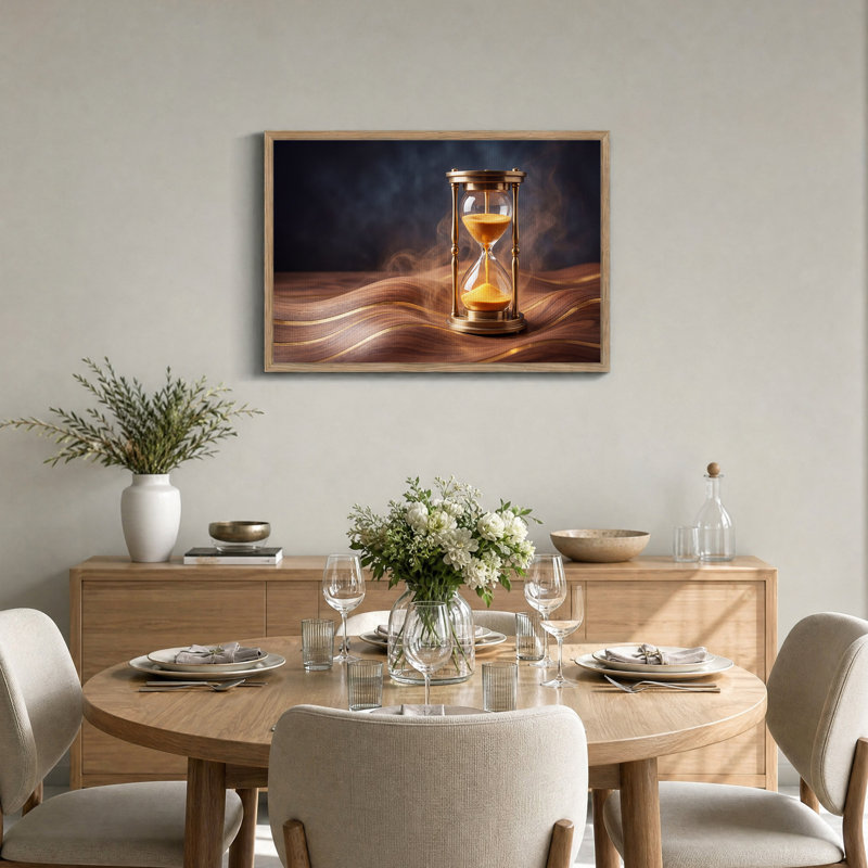 Tableau sur toile représentant un sablier doré sur une table en bois ondulé, 24"H x36"W