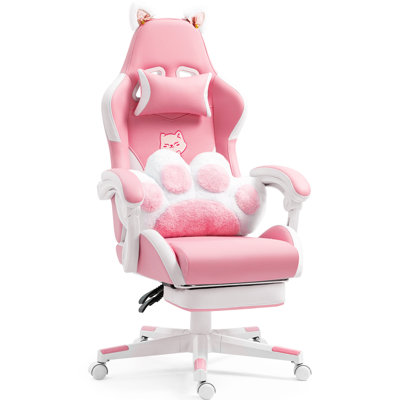Pink Gaming Chair - Pink PU Leather Ergonomic Reclining Office Chair with Footrest, 310lb Capacity, 6-Position Recline, 360° Swivel