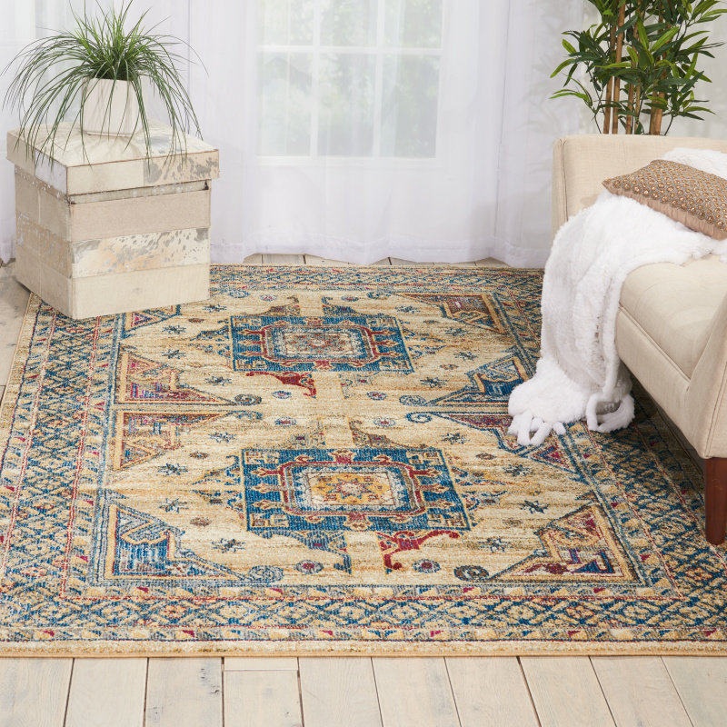 Tapis oriental ivoire / bleu Huetter, Rectangle 9 pi 3 po x 12 pi 9 po