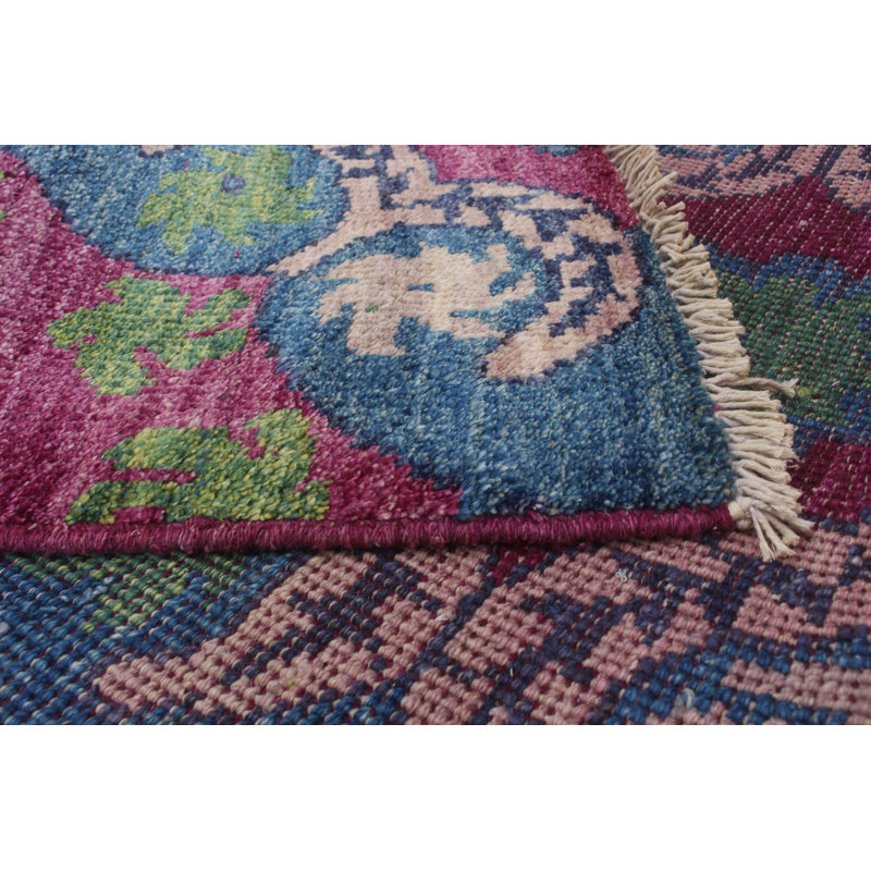 Tapis unique rose / vert / bleu en laine noué à la main de style années 2010 de 5 pi 3 po x 8 pi 1 po Kani